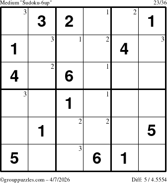 The grouppuzzles.com Medium Sudoku-6up puzzle for Tuesday April 7, 2026 with the first 3 steps marked