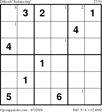 The grouppuzzles.com Difficult Sudoku-6up puzzle for Tuesday April 7, 2026 with the first 3 steps marked