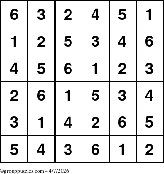 The grouppuzzles.com Answer grid for the Sudoku-6up puzzle for Tuesday April 7, 2026
