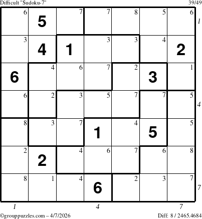 The grouppuzzles.com Difficult Sudoku-7 puzzle for Tuesday April 7, 2026, suitable for printing, with all 8 steps marked