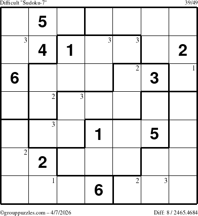 The grouppuzzles.com Difficult Sudoku-7 puzzle for Tuesday April 7, 2026 with the first 3 steps marked
