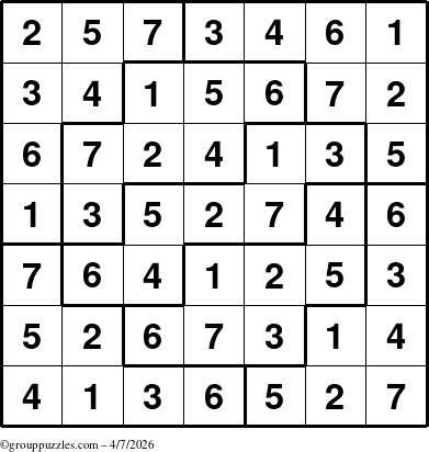 The grouppuzzles.com Answer grid for the Sudoku-7 puzzle for Tuesday April 7, 2026
