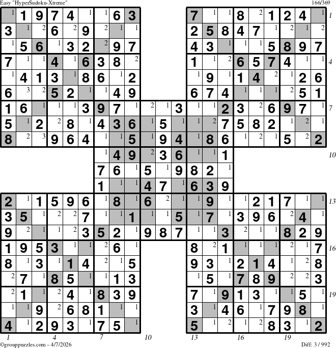 The grouppuzzles.com Easy HyperSudoku-Xtreme puzzle for Tuesday April 7, 2026 with all 3 steps marked