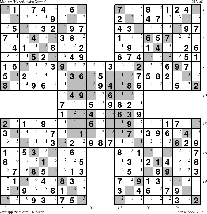 The grouppuzzles.com Medium HyperSudoku-Xtreme puzzle for Tuesday April 7, 2026 with all 8 steps marked