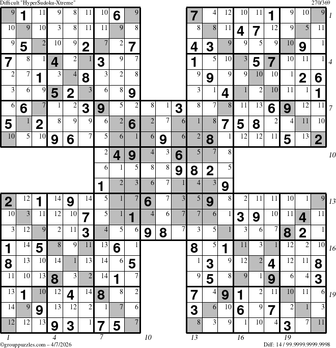 The grouppuzzles.com Difficult HyperSudoku-Xtreme puzzle for Tuesday April 7, 2026 with all 14 steps marked