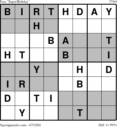 The grouppuzzles.com Easy Super-Birthday puzzle for Tuesday April 7, 2026