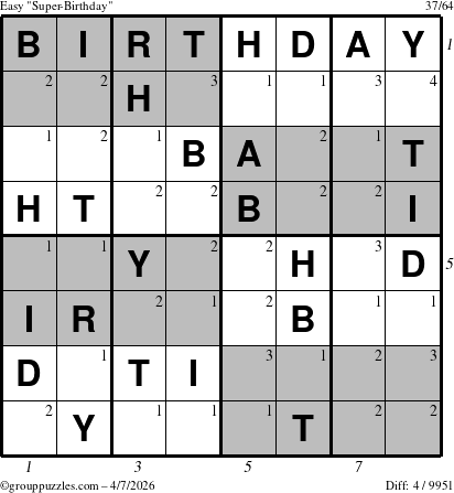 The grouppuzzles.com Easy Super-Birthday puzzle for Tuesday April 7, 2026, suitable for printing, with all 4 steps marked
