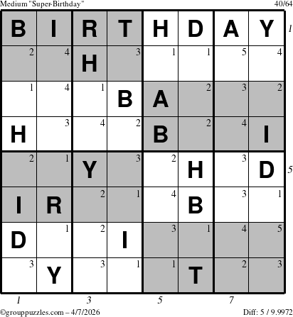 The grouppuzzles.com Medium Super-Birthday puzzle for Tuesday April 7, 2026 with all 5 steps marked