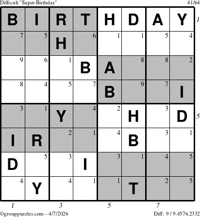 The grouppuzzles.com Difficult Super-Birthday puzzle for Tuesday April 7, 2026, suitable for printing, with all 9 steps marked