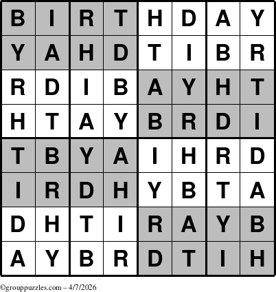 The grouppuzzles.com Answer grid for the Super-Birthday puzzle for Tuesday April 7, 2026