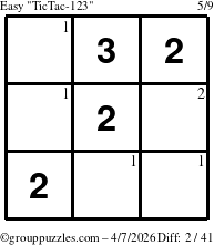 The grouppuzzles.com Easy TicTac-123 puzzle for Tuesday April 7, 2026 with the first 2 steps marked