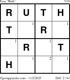 The grouppuzzles.com Easy Ruth puzzle for Sunday November 2, 2025 with the first 2 steps marked