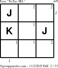 The grouppuzzles.com Easy TicTac-JKL puzzle for Sunday November 2, 2025 with all 2 steps marked