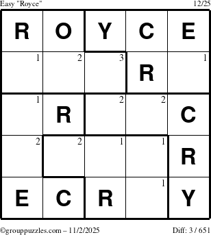The grouppuzzles.com Easy Royce puzzle for Sunday November 2, 2025 with the first 3 steps marked