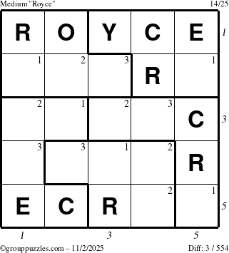 The grouppuzzles.com Medium Royce puzzle for Sunday November 2, 2025, suitable for printing, with all 3 steps marked