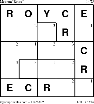 The grouppuzzles.com Medium Royce puzzle for Sunday November 2, 2025 with the first 3 steps marked
