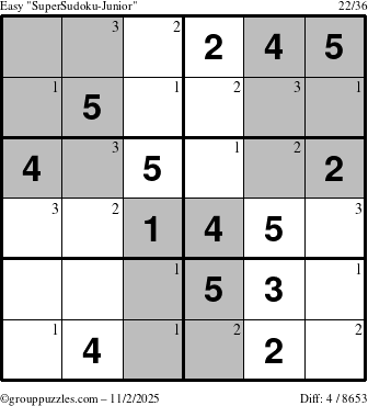 The grouppuzzles.com Easy SuperSudoku-Junior puzzle for Sunday November 2, 2025 with the first 3 steps marked