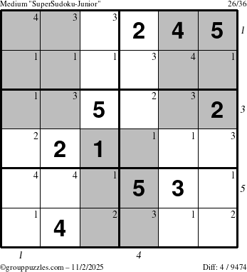 The grouppuzzles.com Medium SuperSudoku-Junior puzzle for Sunday November 2, 2025 with all 4 steps marked