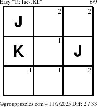 The grouppuzzles.com Easy TicTac-JKL puzzle for Sunday November 2, 2025 with the first 2 steps marked
