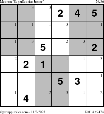 The grouppuzzles.com Medium SuperSudoku-Junior puzzle for Sunday November 2, 2025 with the first 3 steps marked