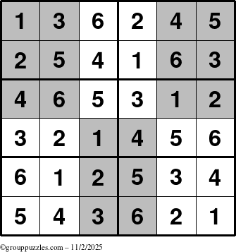 The grouppuzzles.com Answer grid for the SuperSudoku-Junior puzzle for Sunday November 2, 2025