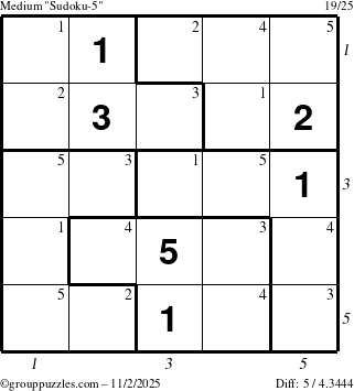 The grouppuzzles.com Medium Sudoku-5 puzzle for Sunday November 2, 2025 with all 5 steps marked