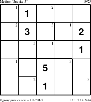 The grouppuzzles.com Medium Sudoku-5 puzzle for Sunday November 2, 2025 with the first 3 steps marked