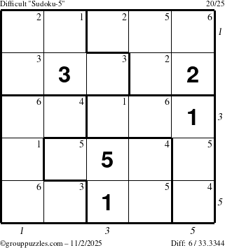The grouppuzzles.com Difficult Sudoku-5 puzzle for Sunday November 2, 2025, suitable for printing, with all 6 steps marked