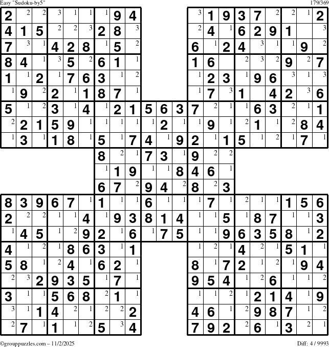 The grouppuzzles.com Easy Sudoku-by5 puzzle for Sunday November 2, 2025 with the first 3 steps marked