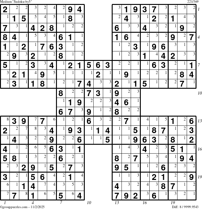 The grouppuzzles.com Medium Sudoku-by5 puzzle for Sunday November 2, 2025 with all 8 steps marked