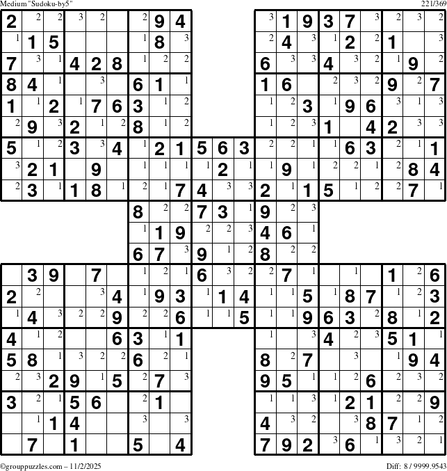 The grouppuzzles.com Medium Sudoku-by5 puzzle for Sunday November 2, 2025 with the first 3 steps marked