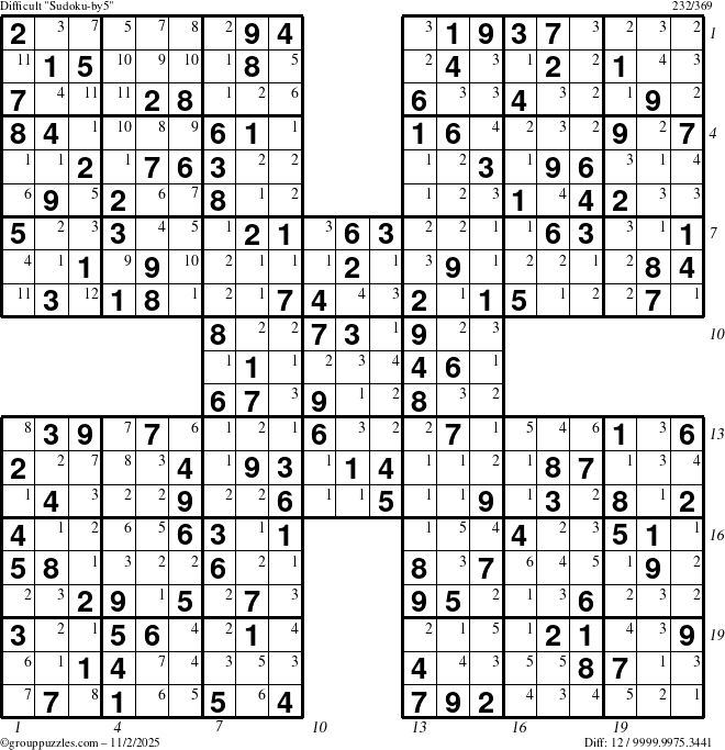 The grouppuzzles.com Difficult Sudoku-by5 puzzle for Sunday November 2, 2025 with all 12 steps marked