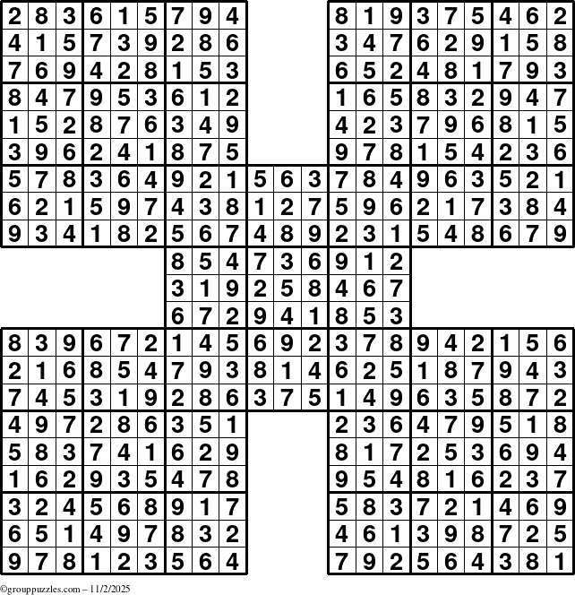 The grouppuzzles.com Answer grid for the Sudoku-by5 puzzle for Sunday November 2, 2025