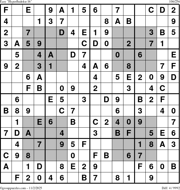 The grouppuzzles.com Easy HyperSudoku-16 puzzle for Sunday November 2, 2025