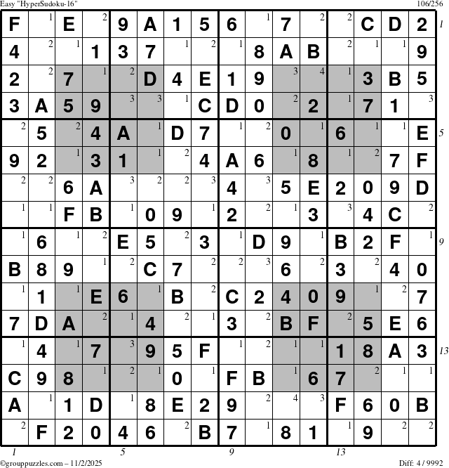 The grouppuzzles.com Easy HyperSudoku-16 puzzle for Sunday November 2, 2025 with all 4 steps marked