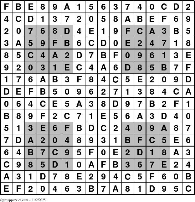 The grouppuzzles.com Answer grid for the HyperSudoku-16 puzzle for Sunday November 2, 2025