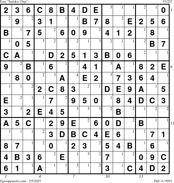 The grouppuzzles.com Easy Sudoku-15up puzzle for Monday May 5, 2025 with all 4 steps marked