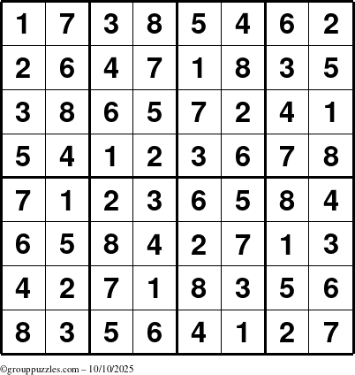 The grouppuzzles.com Answer grid for the Sudoku-8up puzzle for Friday October 10, 2025