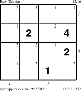The grouppuzzles.com Easy Sudoku-4 puzzle for Tuesday September 15, 2026, suitable for printing, with all 3 steps marked