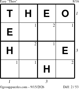 The grouppuzzles.com Easy Theo puzzle for Tuesday September 15, 2026 with all 2 steps marked