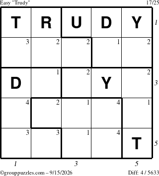 The grouppuzzles.com Easy Trudy puzzle for Tuesday September 15, 2026, suitable for printing, with all 4 steps marked