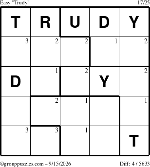 The grouppuzzles.com Easy Trudy puzzle for Tuesday September 15, 2026 with the first 3 steps marked