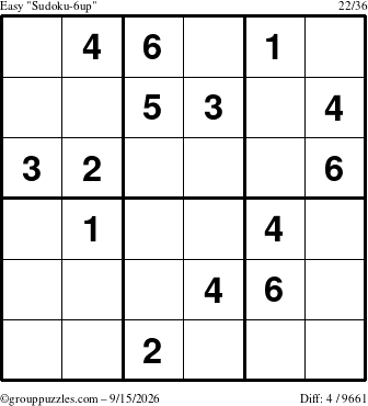 The grouppuzzles.com Easy Sudoku-6up puzzle for Tuesday September 15, 2026
