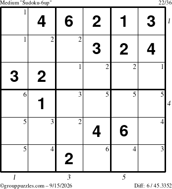 The grouppuzzles.com Medium Sudoku-6up puzzle for Tuesday September 15, 2026 with all 6 steps marked