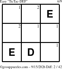 The grouppuzzles.com Easy TicTac-DEF puzzle for Tuesday September 15, 2026 with the first 2 steps marked