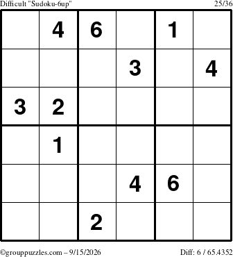 The grouppuzzles.com Difficult Sudoku-6up puzzle for Tuesday September 15, 2026