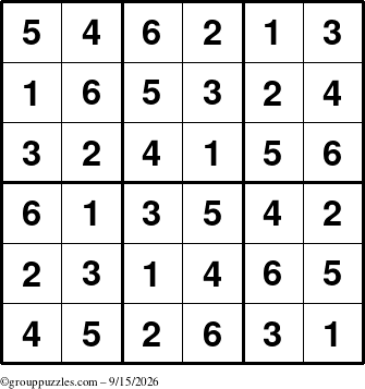 The grouppuzzles.com Answer grid for the Sudoku-6up puzzle for Tuesday September 15, 2026