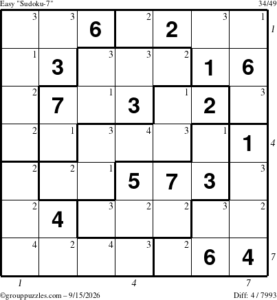 The grouppuzzles.com Easy Sudoku-7 puzzle for Tuesday September 15, 2026 with all 4 steps marked