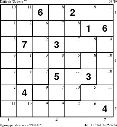 The grouppuzzles.com Difficult Sudoku-7 puzzle for Tuesday September 15, 2026, suitable for printing, with all 11 steps marked
