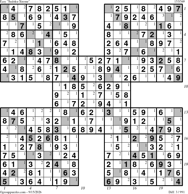 The grouppuzzles.com Easy Sudoku-Xtreme puzzle for Tuesday September 15, 2026 with all 3 steps marked